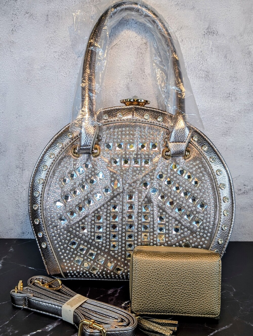 Lt Bronze/Golden Rhinestone Studded Dome Satchel Bag and Wallet